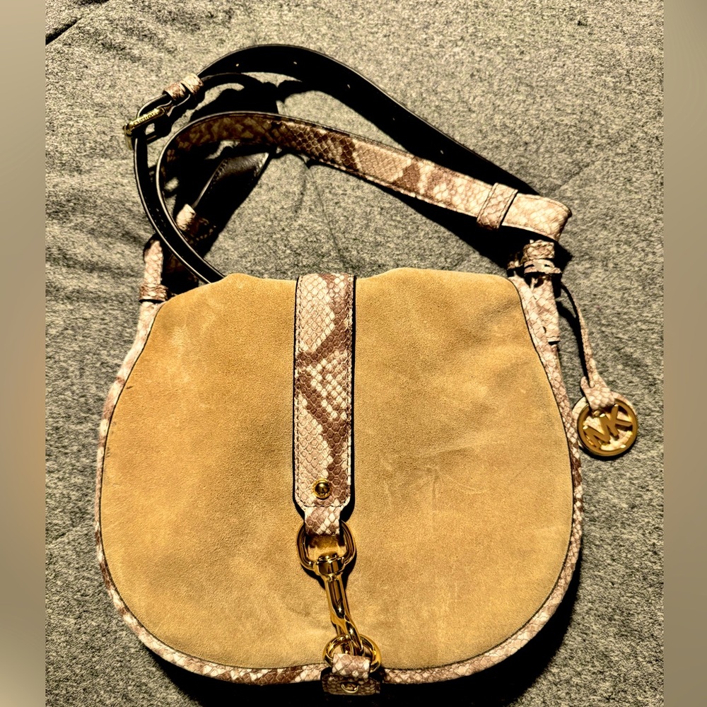 New. Michael Kors Saddle Bag. Suede and Snake Skin Embossed leather